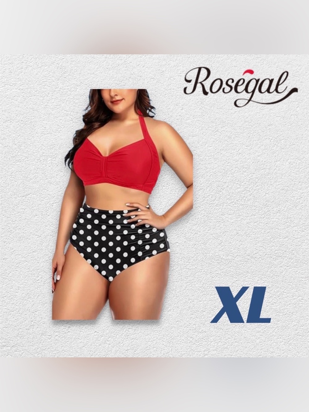 🇨🇳👍GUC ROSEGAL |XL| Retro Bikini Halter Red Top + Polka Dot High Waist Bottom**